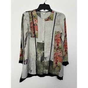 Citron Santa Monica Button Front Silk Blouse Abstract White Black Women's Medium